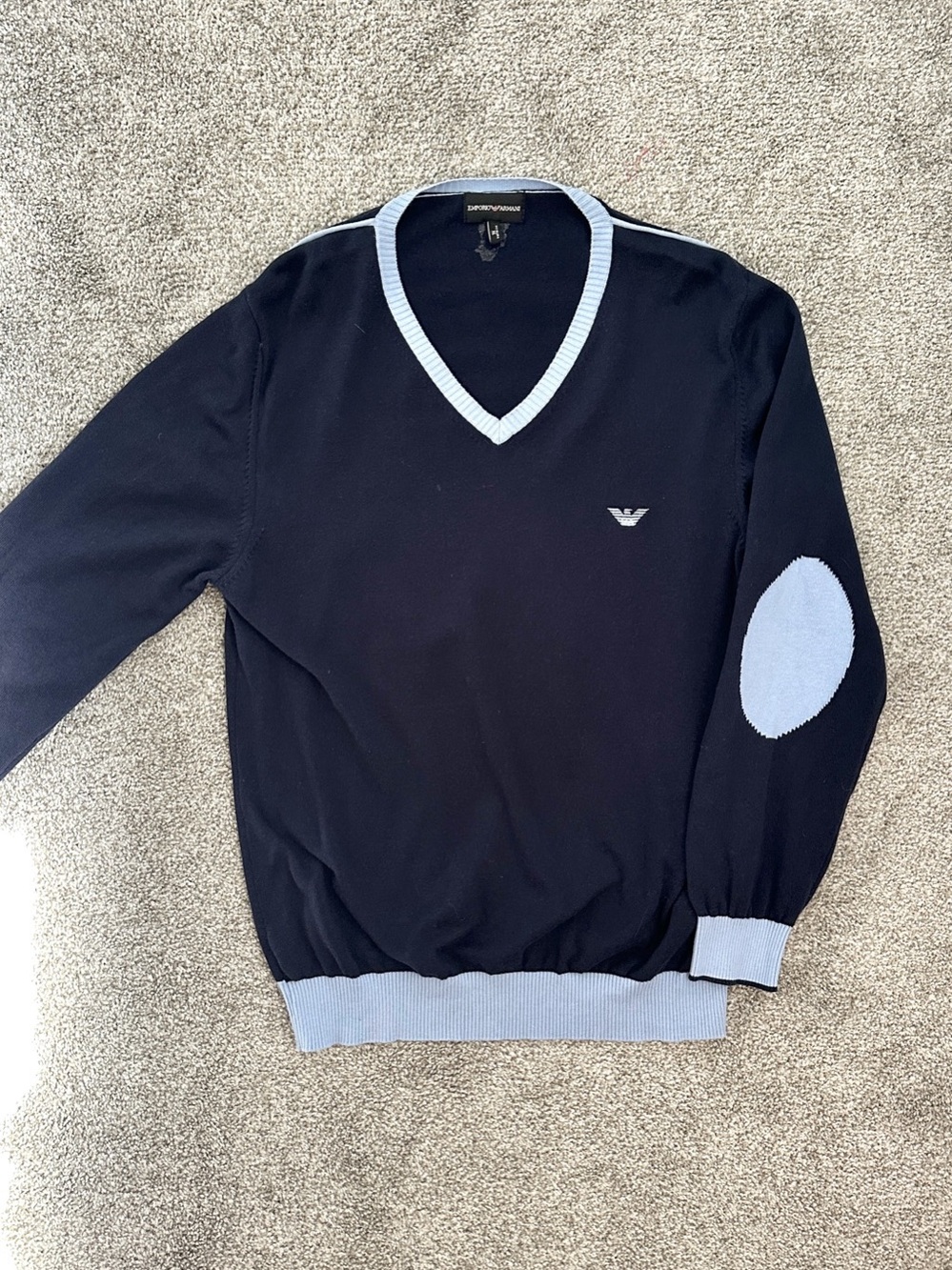 Emporio Armani Navy & Light Blue Cotton V-Neck Sweater Elbow Patches XL Turkey